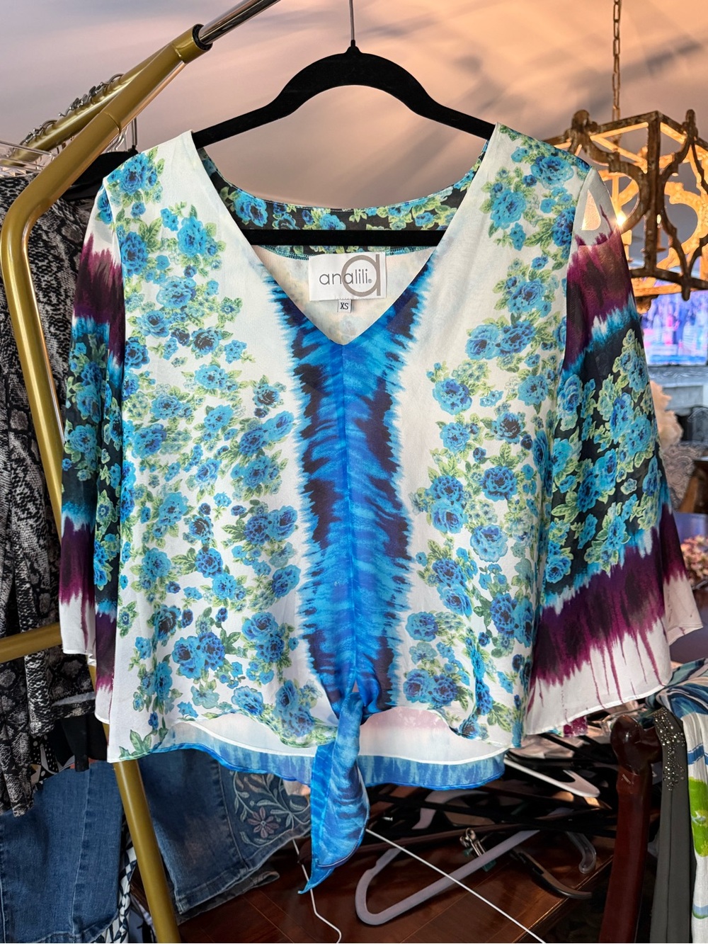 Analili Blue Floral Tie-Front V-Neck Blouse with Purple Accents